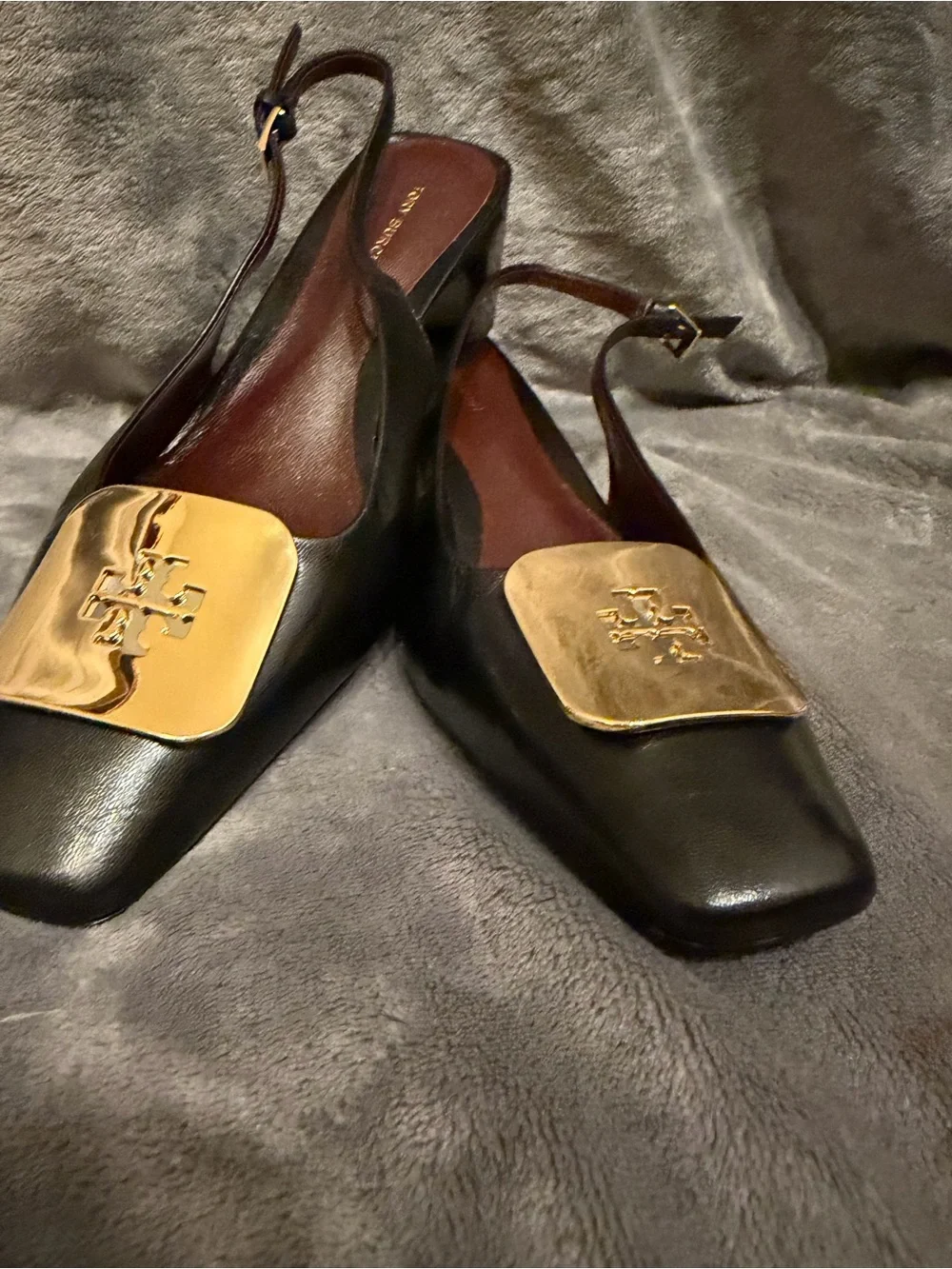 Tory Burch Black Leather Slingback Mules with Gold Plaques